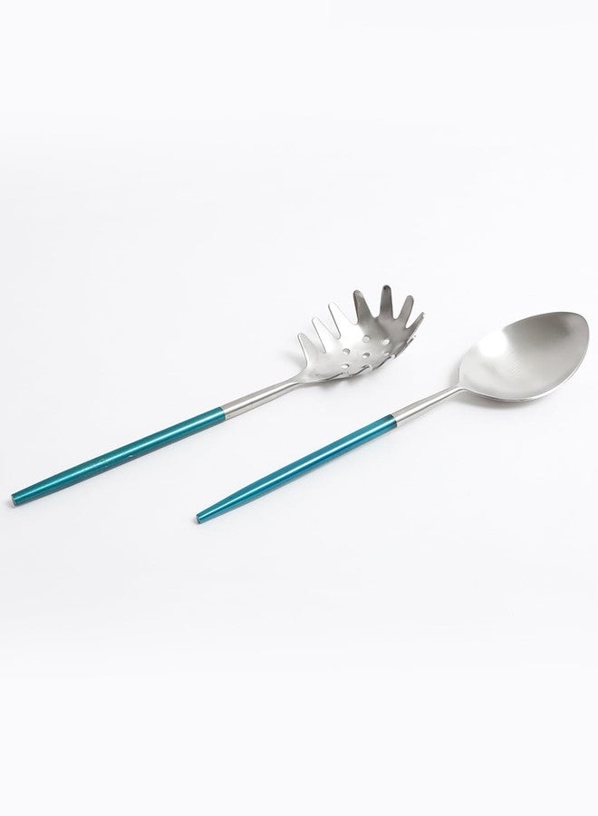 VarEesha Radiant Blue Handled Matt Finish Stainless Steel Salad Serving Spoons Set of 2 | Elegant Lead Free Stainless Steel Server Set for Dinner| Serving Spoons for Dining Table| Cutlery for Gifting - Image 3